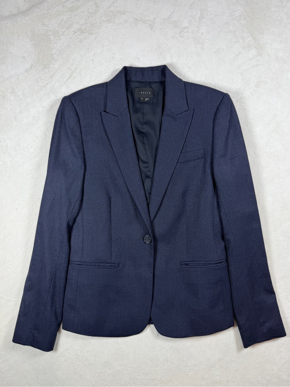 Theory Size 6 Wool Blend Classic Navy Blazer with Herringbone Texture